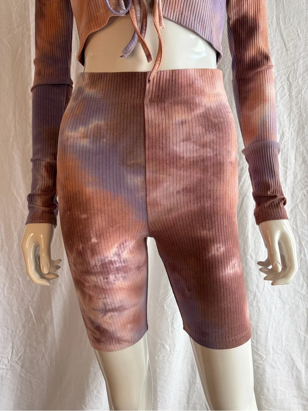 Tic Toc Tie-Dye Ribbed Lace-Up Crop Top & Biker Shorts Set - Purple Brown